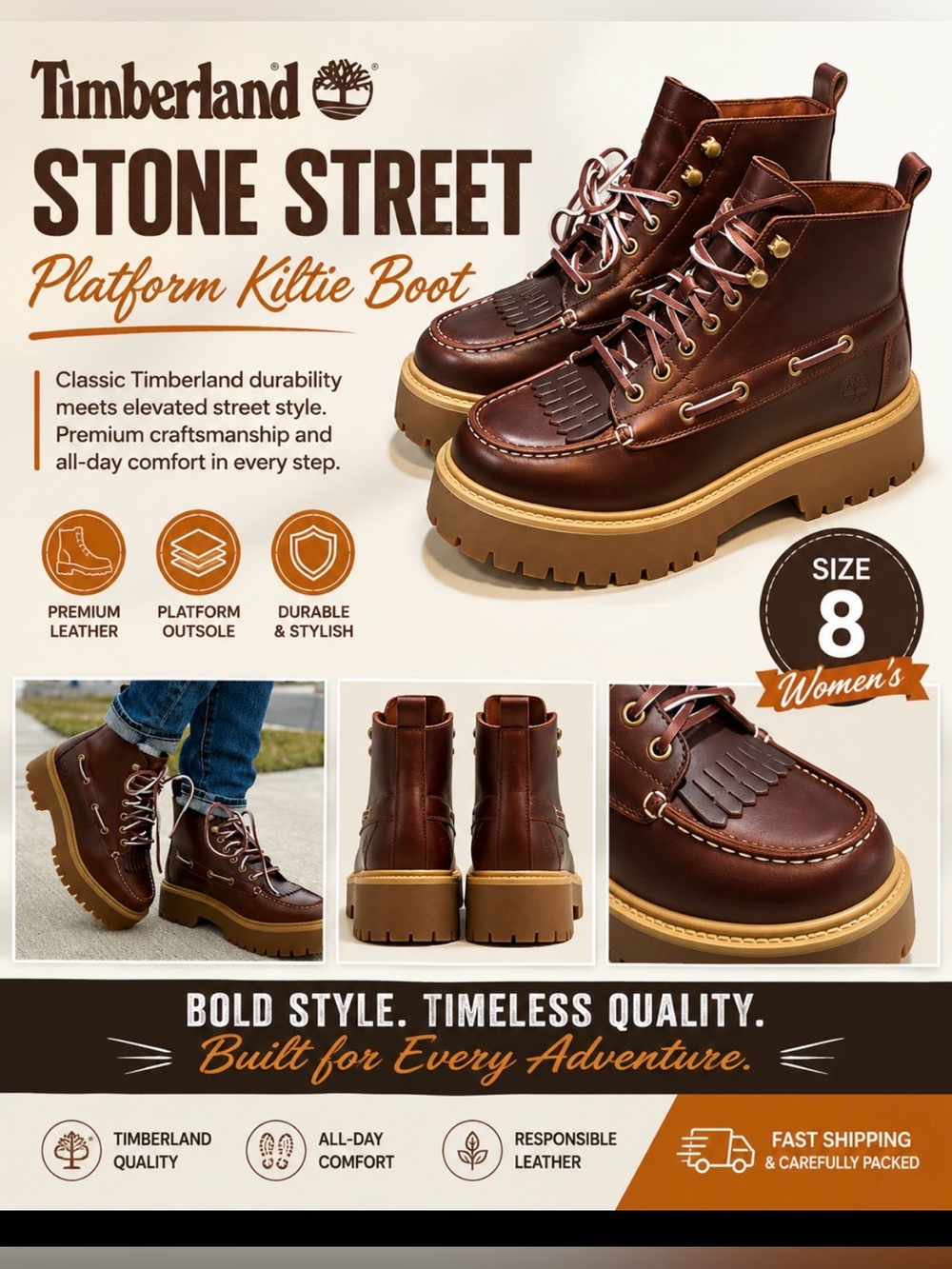 Timberland Stone Street Platform Kiltie Boot - 
Size 8, ( Color: Root Beer)